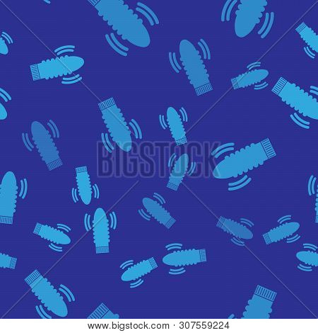 Blue Dildo Vibrator For Sex Games Icon Isolated Seamless Pattern On Blue Background. Sex Toy For Adu