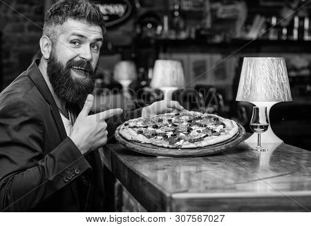 Hipster Hungry Eat Italian Pizza. Pizza Favorite Restaurant Food. Fresh Hot Pizza For Dinner. Hipste