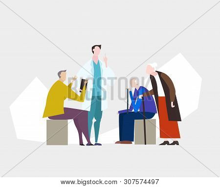 Doctors And Nurses Talking To The Elderly Patients In The Hospital. Medical And Health Concept Illus