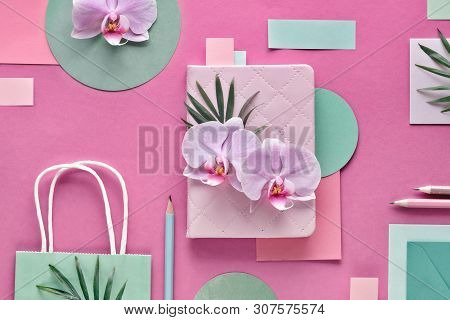 Floral Paper Background In Pink And Mint Colors. Orchid Flowers On Geometric Background With Copy-sp