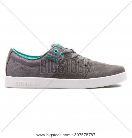 Vienna, Austria - August 25, 2017: Supra Stacks 2 Grey And Green Sneaker On White Background.
