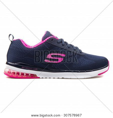 Vienna, Austria - August 25, 2017: Skechers Skech Air Infinity Navy Blue And Pink Sneaker On White B