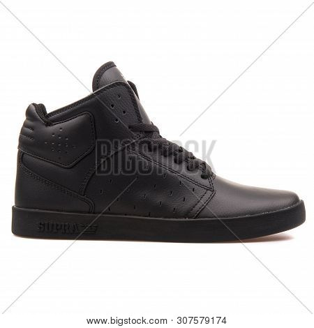 Vienna, Austria - August 25, 2017: Supra Kids Atom Black Sneaker On White Background.