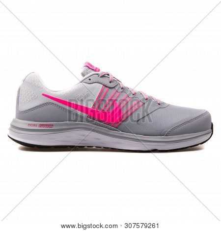 Vienna, Austria - August 25, 2017: Nike Dual Fusion X Grey And Pink Sneaker On White Background.