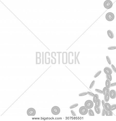 Russian Ruble Coins Falling. Scattered Black And White Rub Small Coins. Jackpot Or Success Concept. 