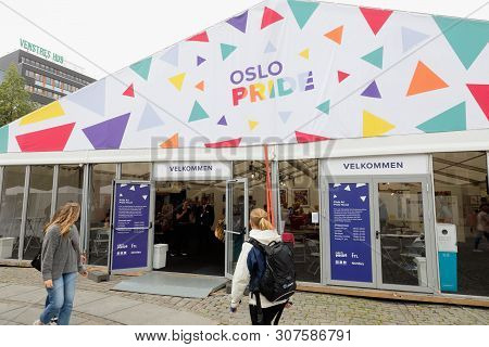 Oslo, Norway - June 20, 2019: The Oslo Pride Festival Art Exebition Tent.