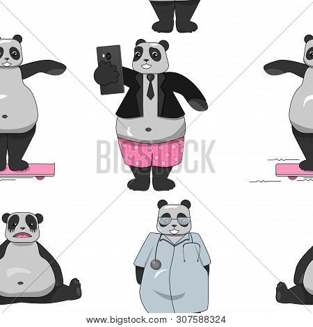 Seamless Pattern With Different Cute Pandas. Pandas Among Us. Everyday Life