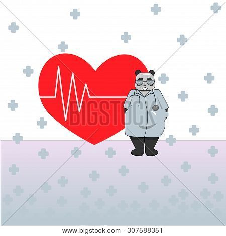 Dr. Panda Protects The Heart. Cartun, Doodle, Vector