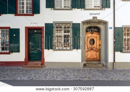 Basel, Switzerland - April 17, 2019. Old Town Of Basel. Front Doors Of The Historical Building Eptin