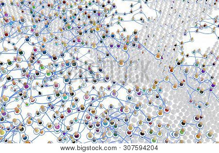 Crowd Of Small Symbolic 3d Figures Linked By Lines, Complex Layered System With Blank Groups, Over W