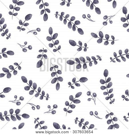 Seamless Pattern With Steelblue Leaves. White Background. Digital Painting