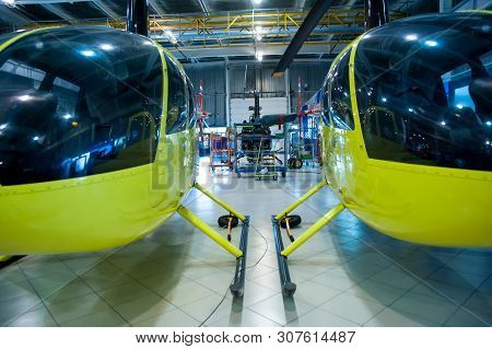 Tyumen, Russia - June 5, 2019: Aircraft Repair Helicopter Utair Engineering Plant. Robinson R44 Heli