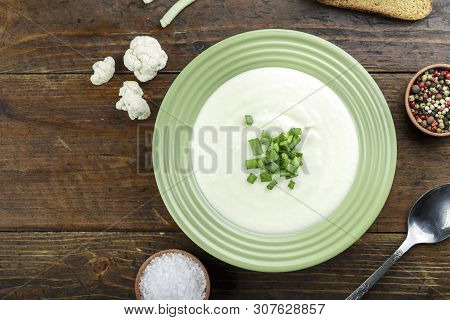 French Du Barry Soup Cauliflower Close-up On The Table. Horizontal View From Above