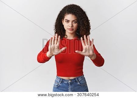 Stop Right There No More. Serious-looking Confident Strong Woman Femenist Fighting Equal Rights Dema