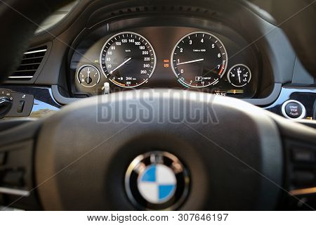 Grodno, Belarus, May 16, 2013: Electronic Dashboard Of Modern Luxury Bmw 750li Xdrive Car With Wheel