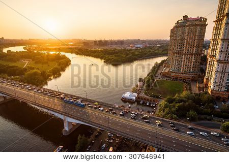 Panorama Of Moscow At Sunset, Russia. Aerial Scenic View Of Moskva River In Moscow Northwest. Beauti