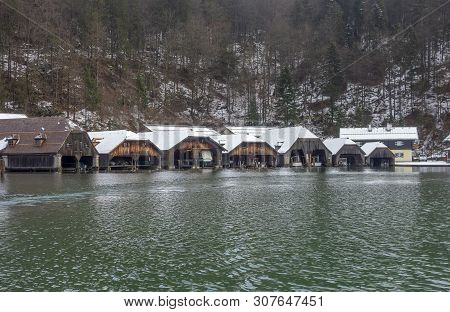 Boathouses At Schoenau Am Koenigssee In Bavaria At Winter Time