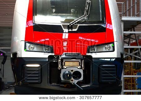 Inside Of The Rail Car Assembly Plant. Industrial Workshop For The Production Of High Speed Trains. 