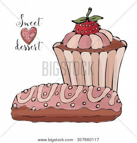 Vector Isolated Cake Or Cupcake, Dessert Coloring