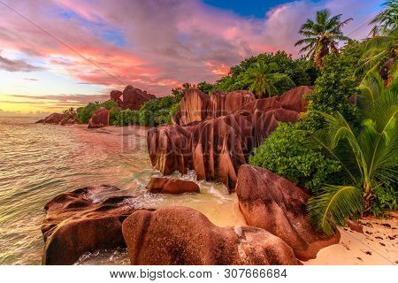 Dramatic Colorful Sky At Twilight At Scenic Anse Source Dargent Beach In Seychelles, La Digue. Aeria