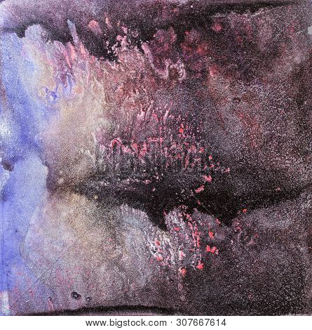 Abstract Painting Handpainted In Fluid Acrylic Flow Technique By Silver, Pink, Black Paints On Cardb