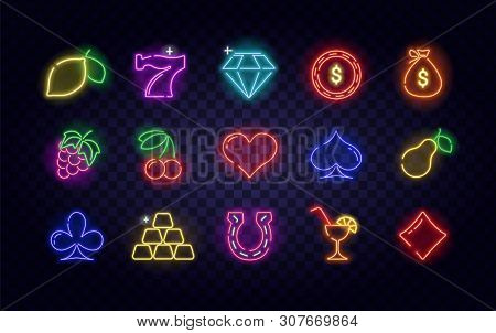 Realistic Neon Game Icons For Casino Isolated. Icon From Slot Machine. Slot Sign. Casino, Gambling.