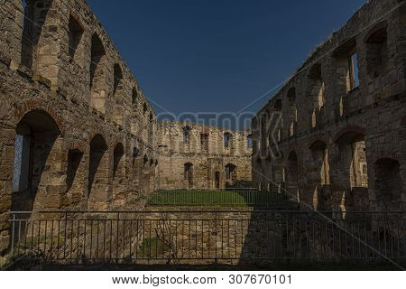 Iterior Of Castle Gleichen In Germany With Blue Sky And Green Grass In Spring Time