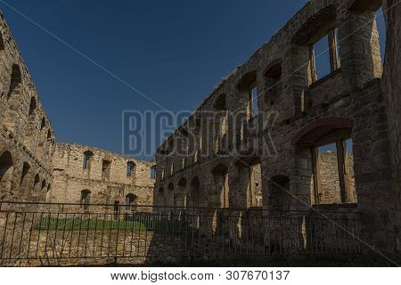Iterior Of Castle Gleichen In Germany With Blue Sky And Green Grass In Spring Time