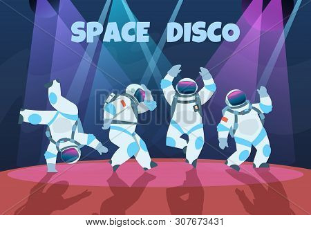 Party Astronauts. Retro Dancing Spaceman, Disco Entertainment Poster With Pop Art Cosmonaut. Vector 