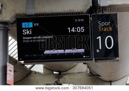 Oslo, Norway - June 20, 2019: Platform Information Sign At The Oslo Central Station For Track 10 Wit