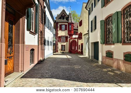 Basel, Switzerland - April 17, 2019. Old Town Grossbasel. Historical Houses On The Rittergasse Stree
