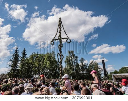 STOCKHOLM, SWEDEN - JUNE 21, 2019: Traditional midsummer celebration at Skansen, Stockholm, Sweden