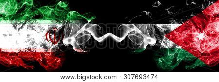 Iran Vs Jordan, Jordanian Smoky Mystic States Flags Placed Side By Side. Thick Colored Silky Smokes 