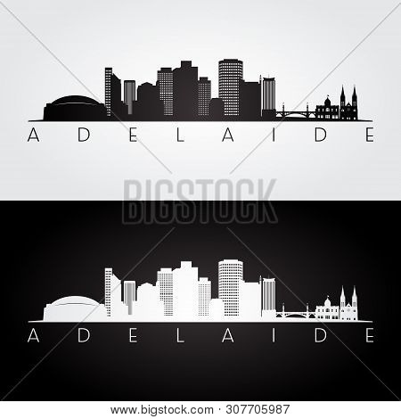 Adelaide Skyline And Landmarks Silhouette, Black And White Design, Vector Illustration.