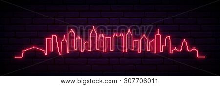 Red Neon Skyline Of Atlanta City. Bright Atlanta Long Banner. Vector Illustration.
