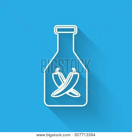 White Ketchup Bottle Line Icon Isolated With Long Shadow. Hot Chili Pepper Pod Sign. Barbecue And Bb
