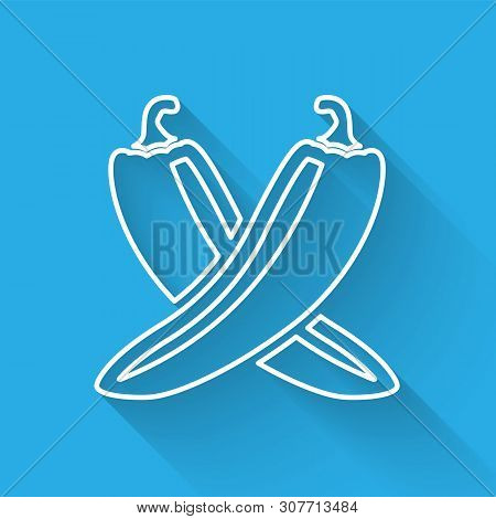 White Crossed Hot Chili Pepper Pod Line Icon Isolated With Long Shadow. Design For Grocery, Culinary