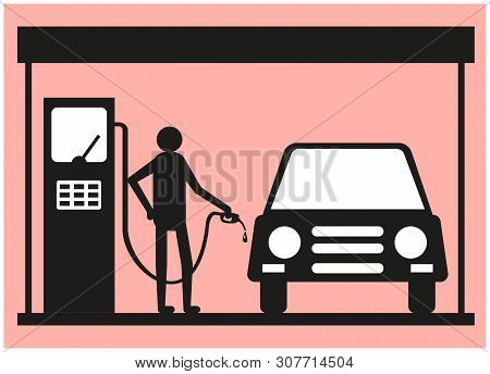 Siluet Man Who Pours Fuel Into The Gas Tank Of The Car.