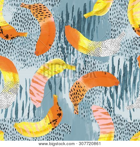 Abstract Bananas Print In Memphis, Pop Art Style Background. Trendy Seamless Pattern Of Tropical Fru
