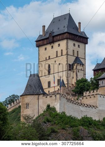 The Big Tower Of Gothic Karlstejn Castle In Bohemia Czech Republic, A Medieval Fortress Buildt By Ho