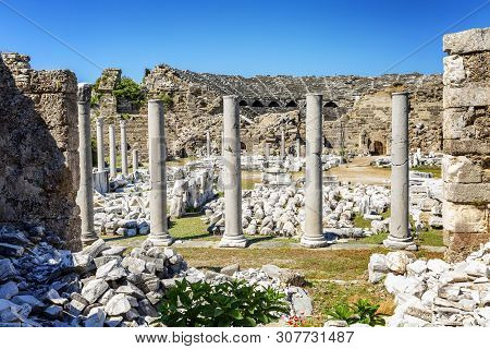 Antique Ruins In The Park On A Bright Sunny Day.