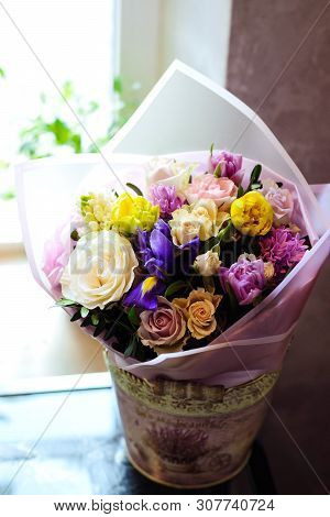 Bouquet Of Flowers On A Leg In The Interior Of The Restaurant For A Celebration Shop Floristry Or We