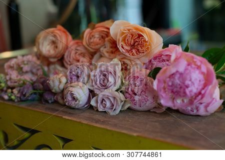 Bouquet Of Flowers On A Leg In The Interior Of The Restaurant For A Celebration Shop Floristry Or We