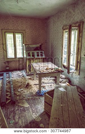 Interior Of Abandoned House In Korytnica Spa, Slovak Republic. Urbex Style.