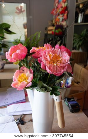 Bouquet Of Flowers On A Leg In The Interior Of The Restaurant For A Celebration Shop Floristry Or We