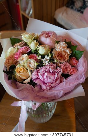 Bouquet Of Flowers On A Leg In The Interior Of The Restaurant For A Celebration Shop Floristry Or We