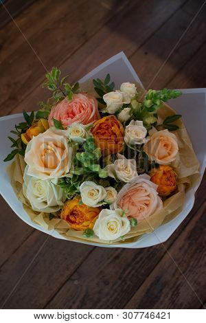 Bouquet Of Flowers On A Leg In The Interior Of The Restaurant For A Celebration Shop Floristry Or We