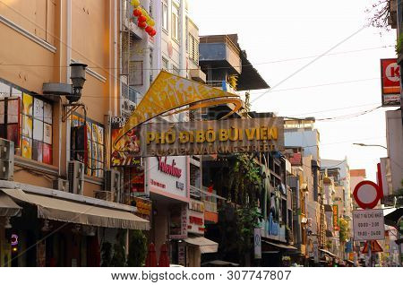 Ho Chi Minh City, Vietnam - March 28, 2019: Entrance Of Bui Vien Walking Street In Saigon. The Main 