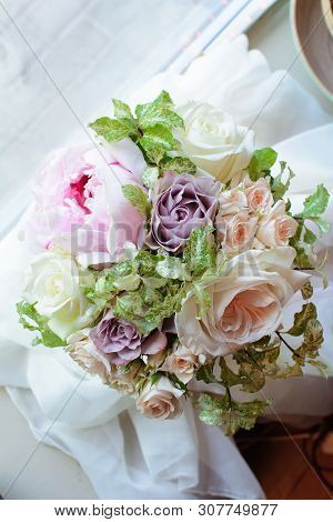 Bouquet Of Flowers On A Leg In The Interior Of The Restaurant For A Celebration Shop Floristry Or We