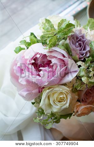 Bouquet Of Flowers On A Leg In The Interior Of The Restaurant For A Celebration Shop Floristry Or We